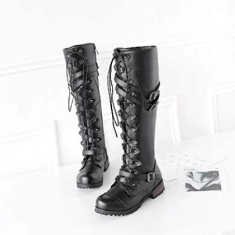 Bcshiye Women's Riding Boots,Knee High Lace Up Buckle Winter Combat Riding Boots Low Heel Ankle Strap Long Booties