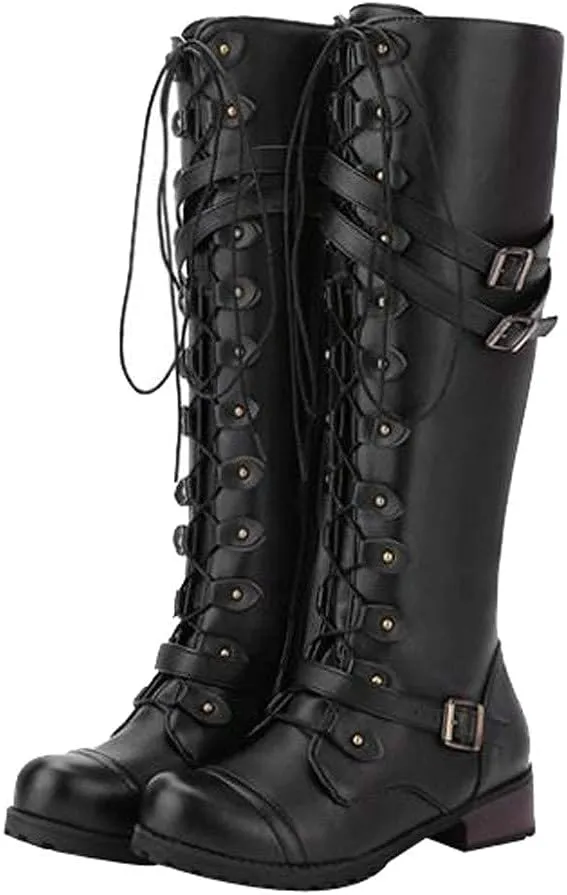Bcshiye Women's Riding Boots,Knee High Lace Up Buckle Winter Combat Riding Boots Low Heel Ankle Strap Long Booties