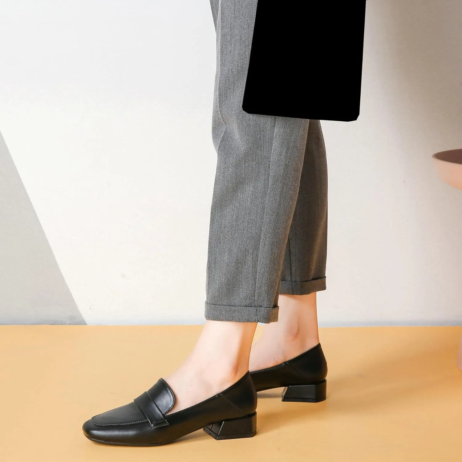 Betastella Womens Square Toe Chunky Block Low Heel Loafers Pumps Classic Slip On Work Office Casual Dress Shoes