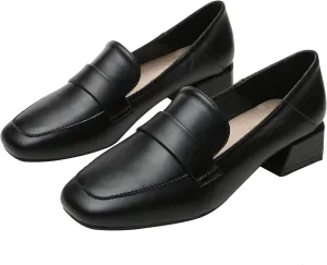 Betastella Womens Square Toe Chunky Block Low Heel Loafers Pumps Classic Slip On Work Office Casual Dress Shoes