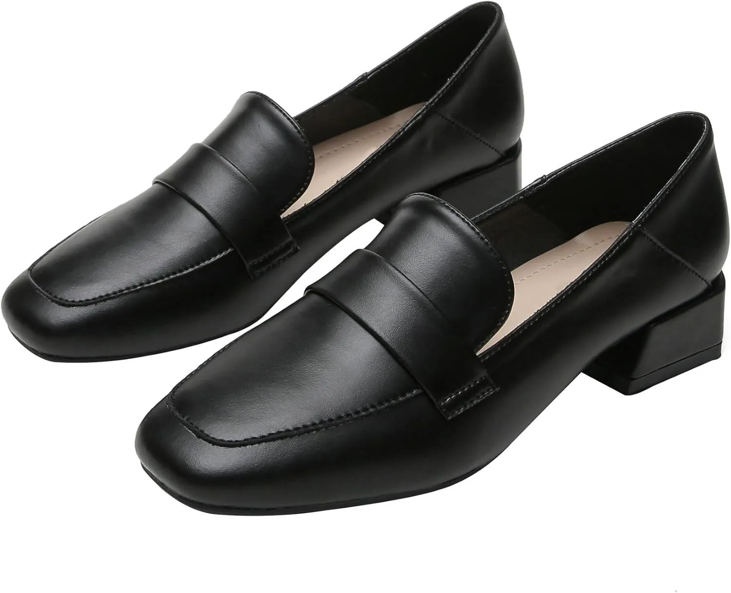 Betastella Womens Square Toe Chunky Block Low Heel Loafers Pumps Classic Slip On Work Office Casual Dress Shoes