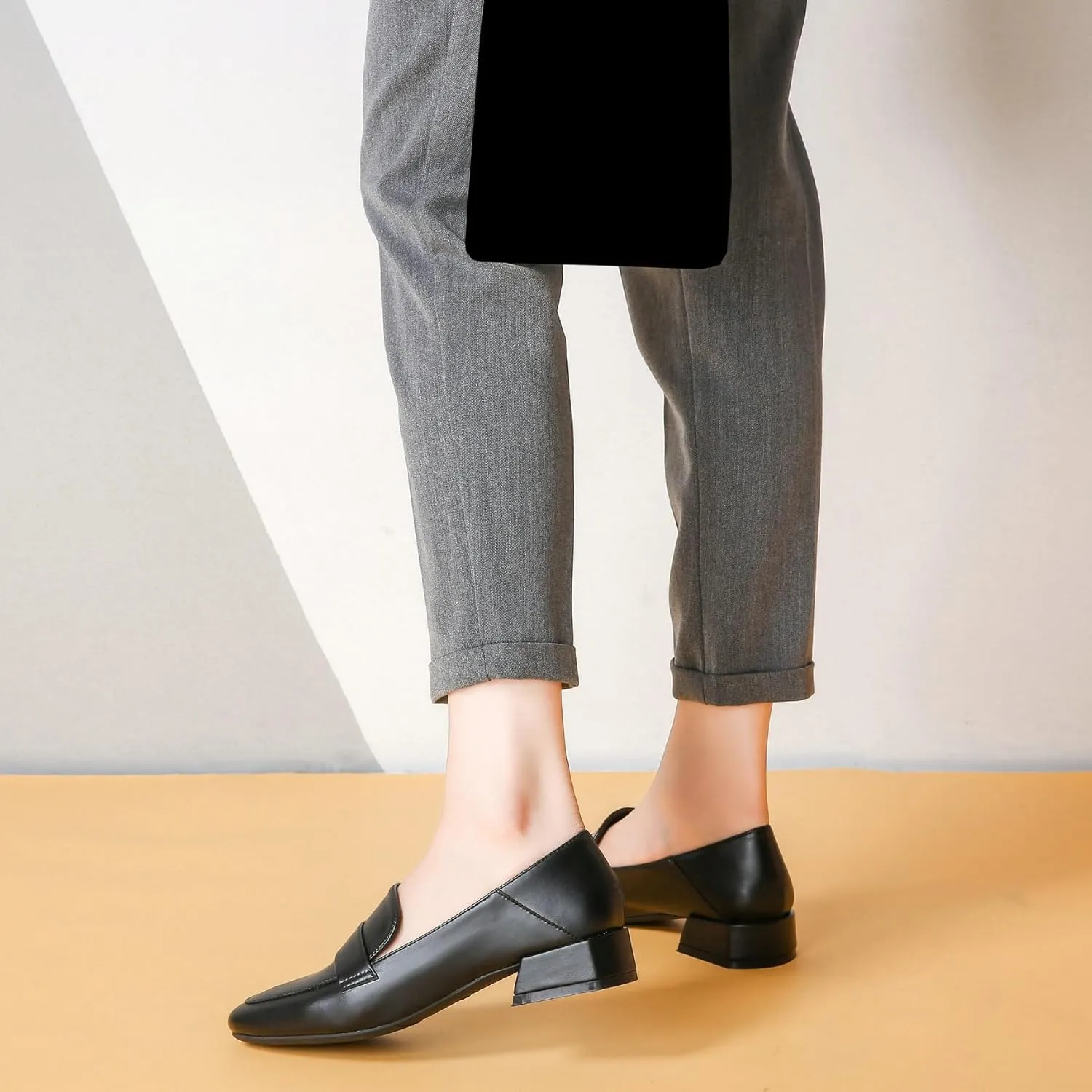 Betastella Womens Square Toe Chunky Block Low Heel Loafers Pumps Classic Slip On Work Office Casual Dress Shoes