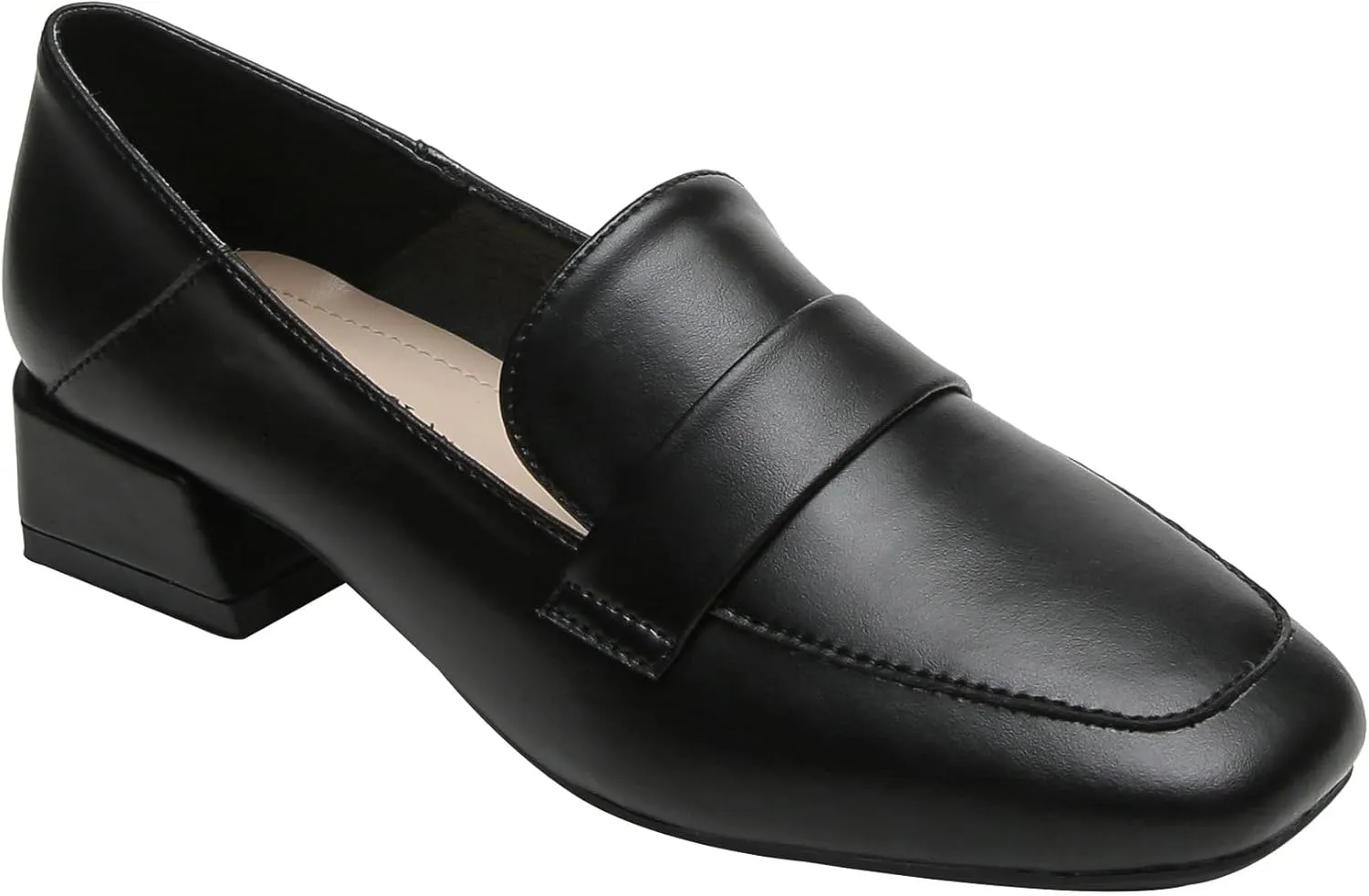 Betastella Womens Square Toe Chunky Block Low Heel Loafers Pumps Classic Slip On Work Office Casual Dress Shoes