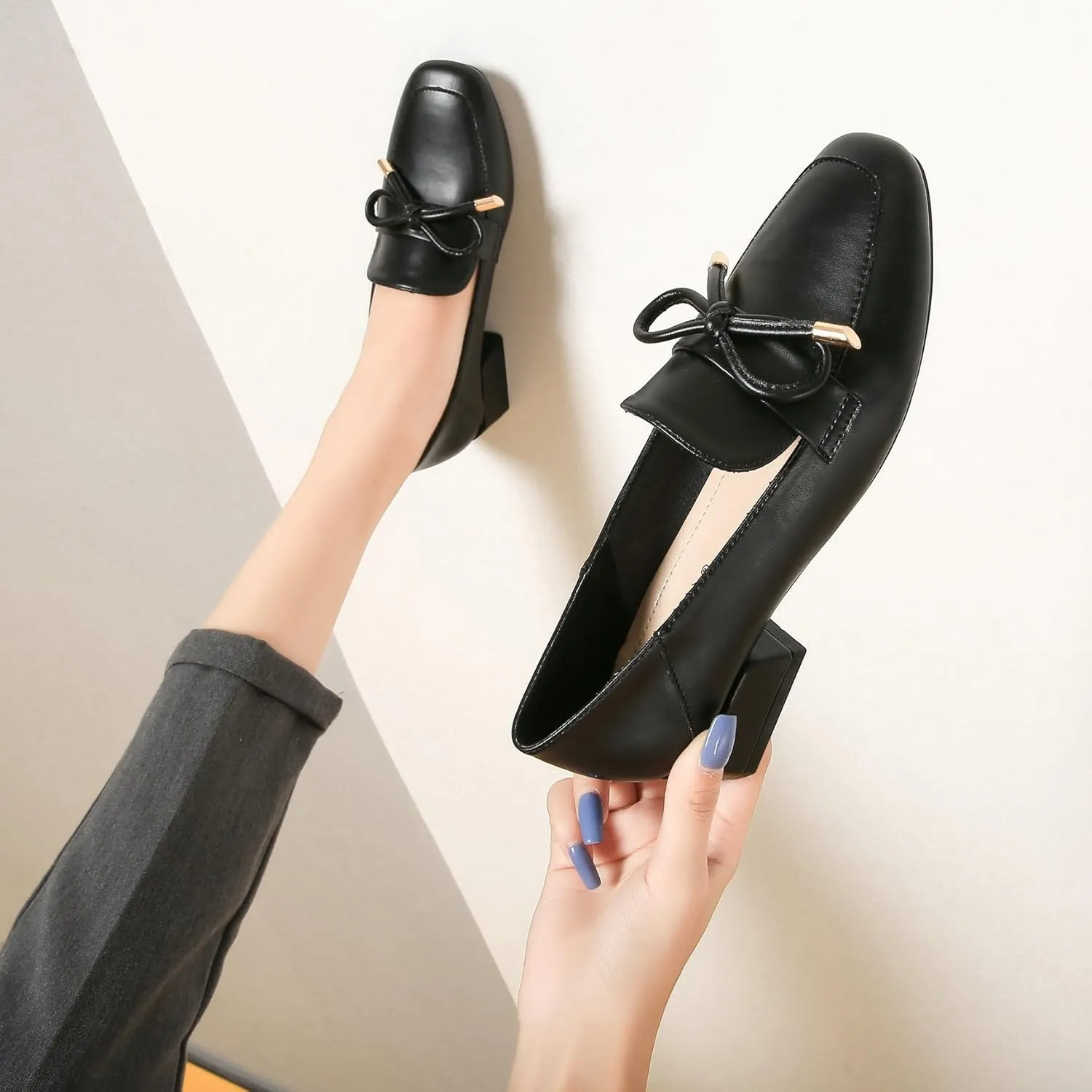 Betastella Womens Square Toe Chunky Block Low Heel Loafers Pumps Classic Slip On Work Office Casual Dress Shoes