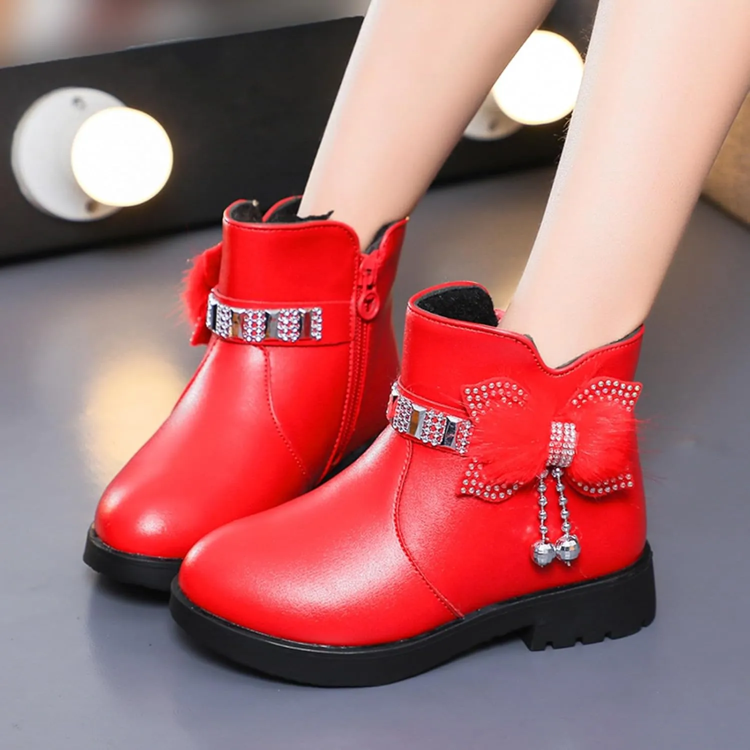 Boots for Girls Cute Bowknot Cowgirl Boots Waterproof Leather Ankle Boots Soft Sole Chelsea Boots Fashion Dress Boots
