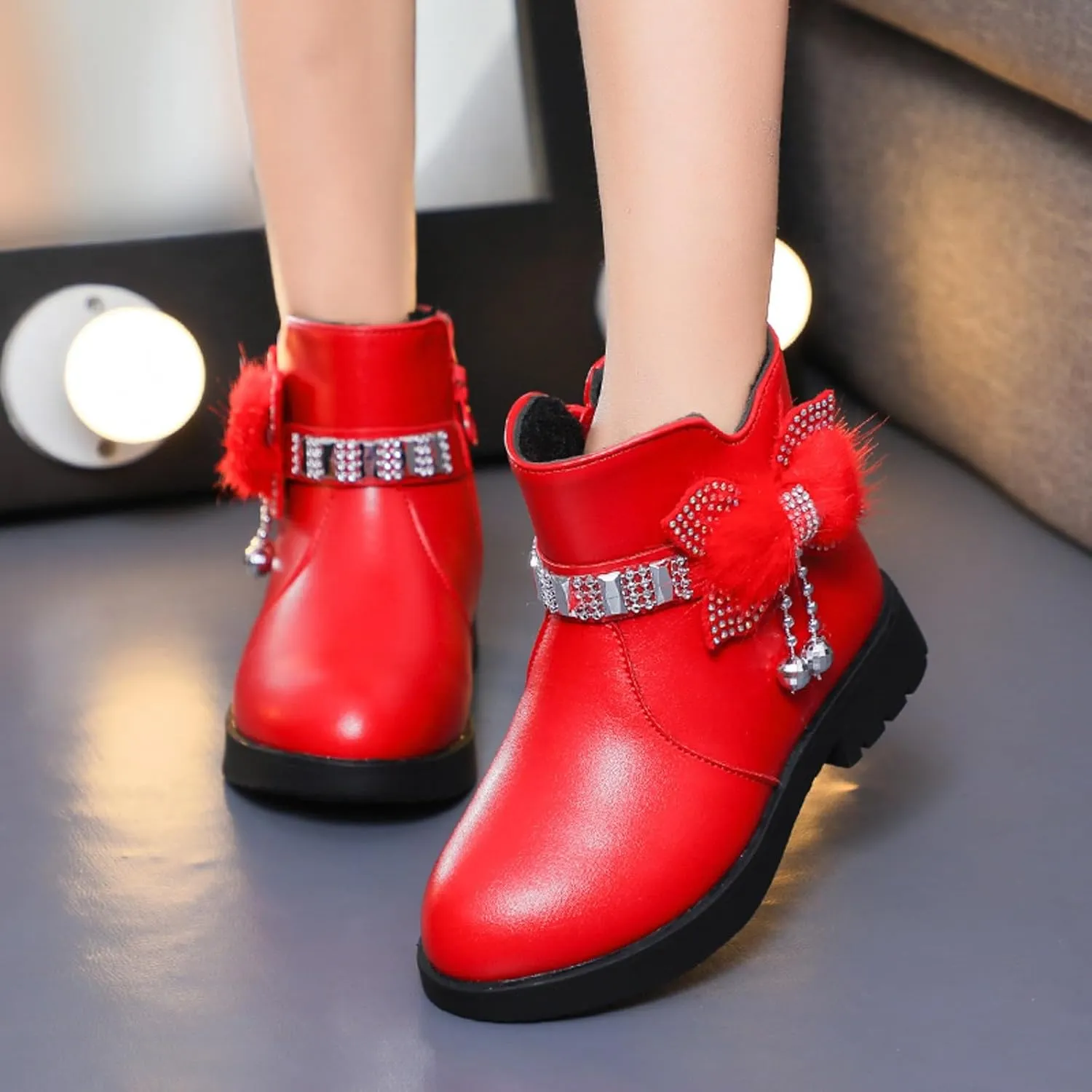 Boots for Girls Cute Bowknot Cowgirl Boots Waterproof Leather Ankle Boots Soft Sole Chelsea Boots Fashion Dress Boots