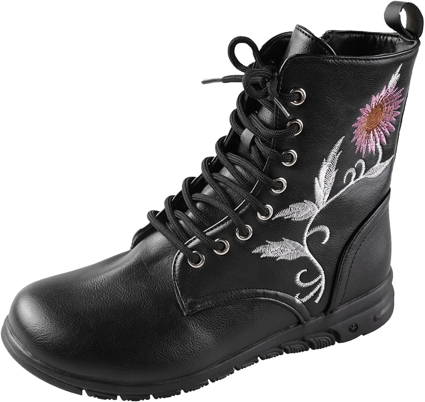 Boots for Women Flat Ankle Booties Casual Round Toe Combat Boot Floral Embroidered Lace Up with Side Zipper