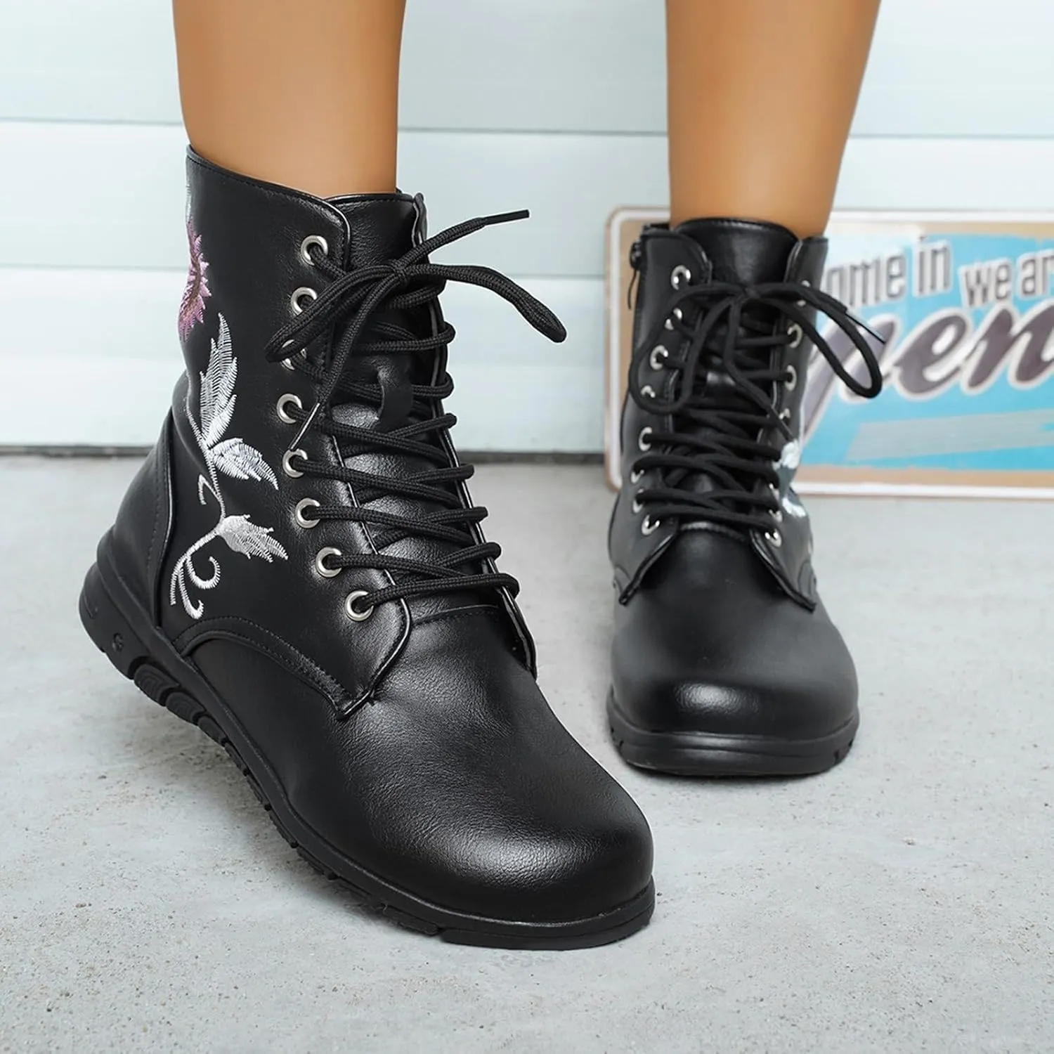 Boots for Women Flat Ankle Booties Casual Round Toe Combat Boot Floral Embroidered Lace Up with Side Zipper