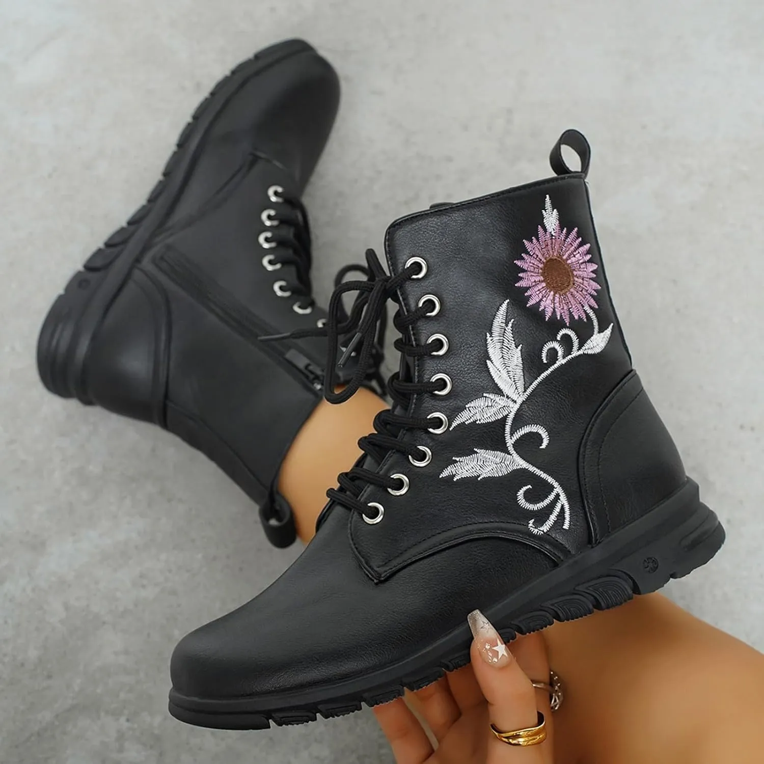 Boots for Women Flat Ankle Booties Casual Round Toe Combat Boot Floral Embroidered Lace Up with Side Zipper