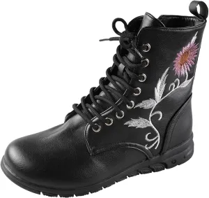 Boots for Women Flat Ankle Booties Casual Round Toe Combat Boot Floral Embroidered Lace Up with Side Zipper