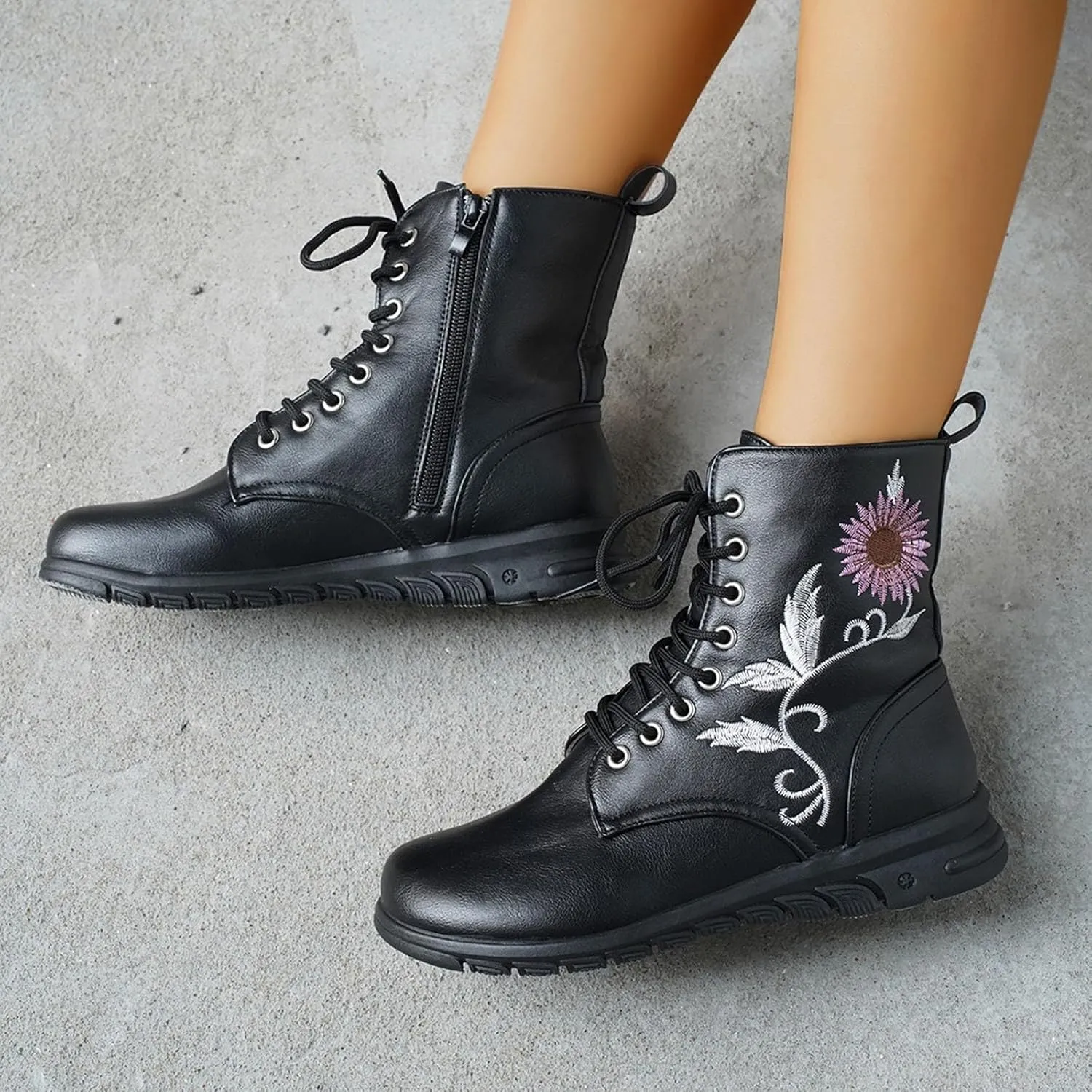 Boots for Women Flat Ankle Booties Casual Round Toe Combat Boot Floral Embroidered Lace Up with Side Zipper