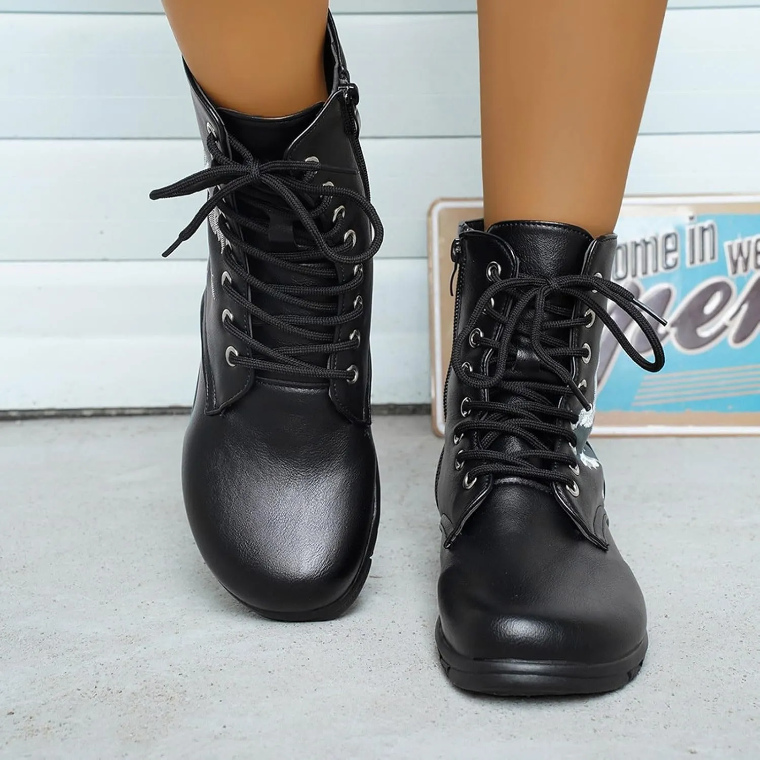 Boots for Women Flat Ankle Booties Casual Round Toe Combat Boot Floral Embroidered Lace Up with Side Zipper