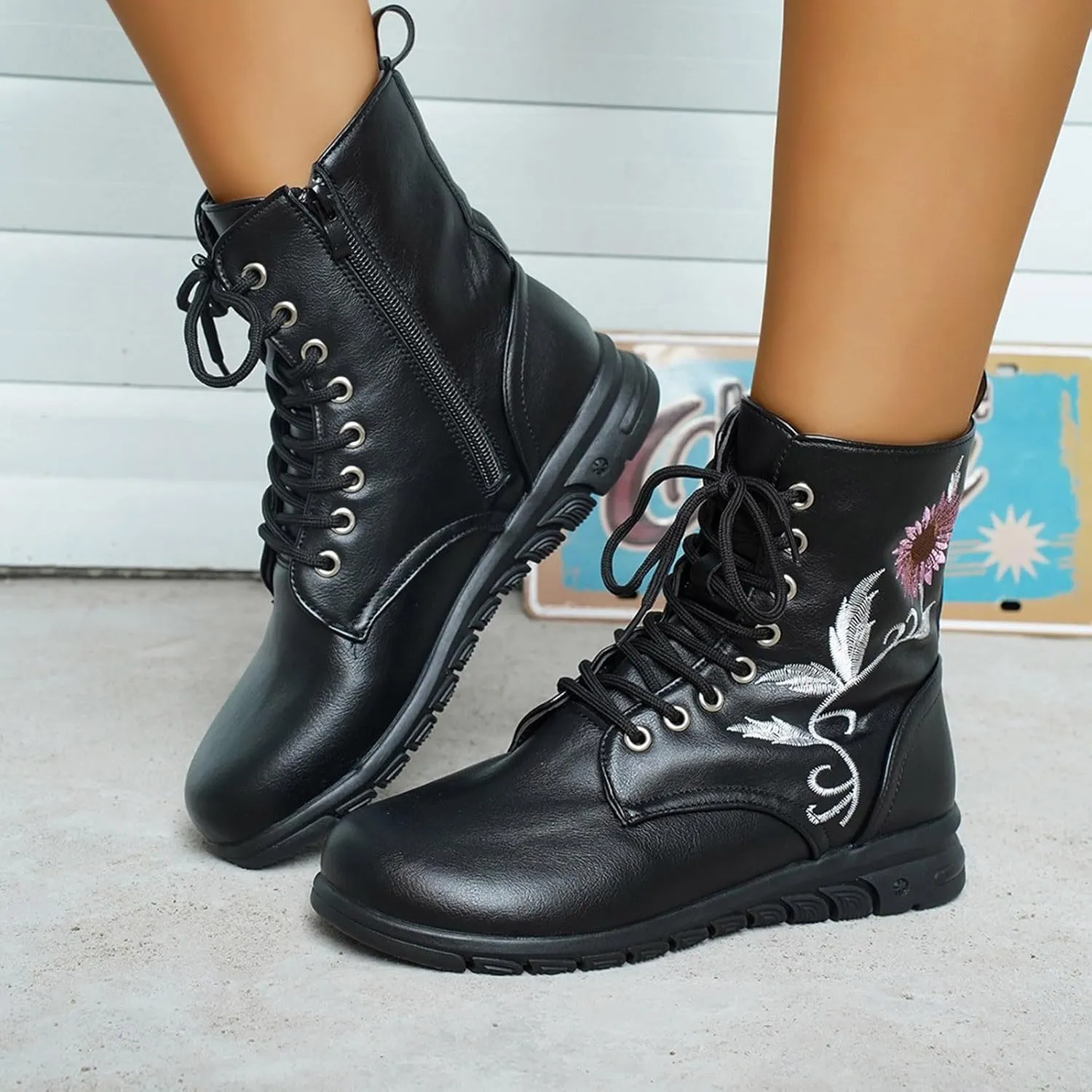 Boots for Women Flat Ankle Booties Casual Round Toe Combat Boot Floral Embroidered Lace Up with Side Zipper