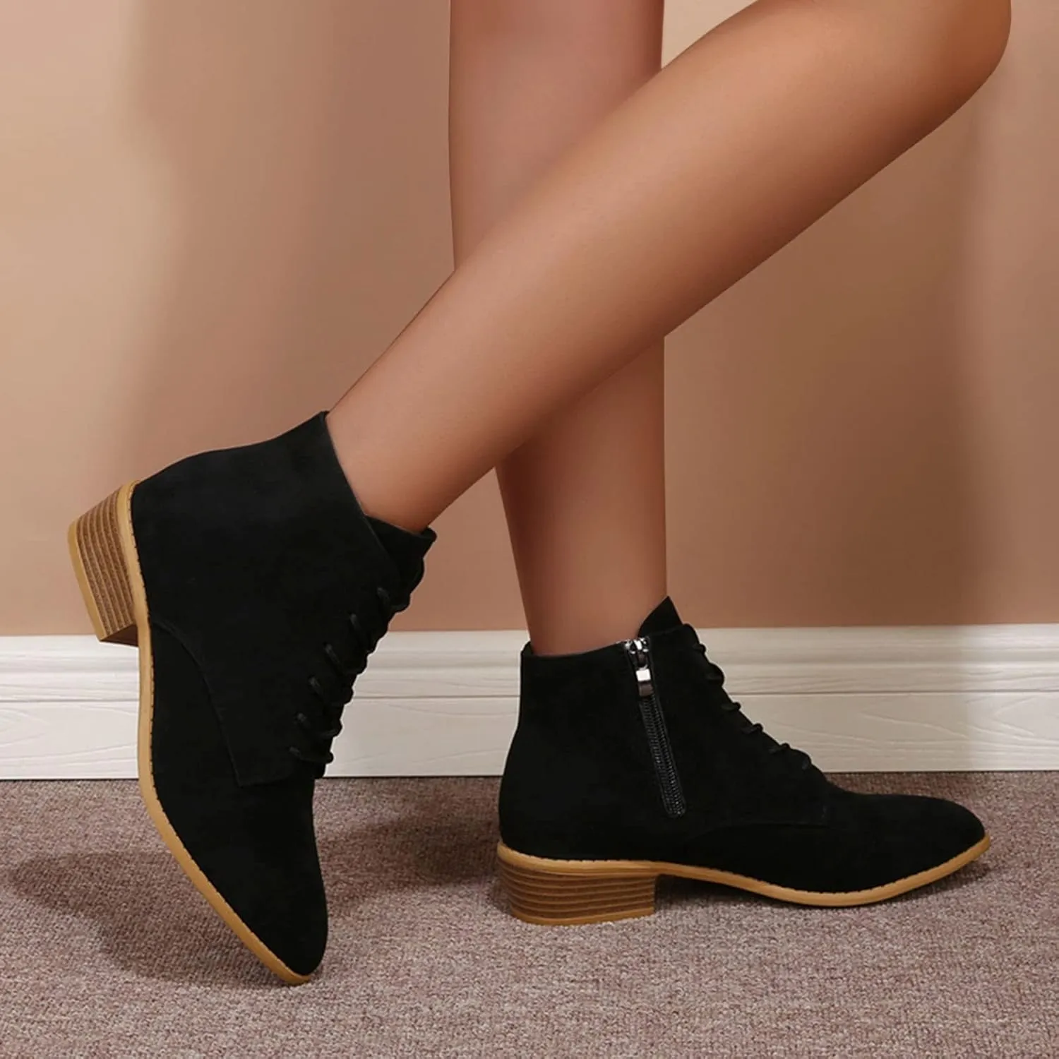 Boots for Women Flat Pointed Toe Women's Lace Up Chelsea Ankle Boots Suede Zipper Ankle Boots Fall Boots 2024