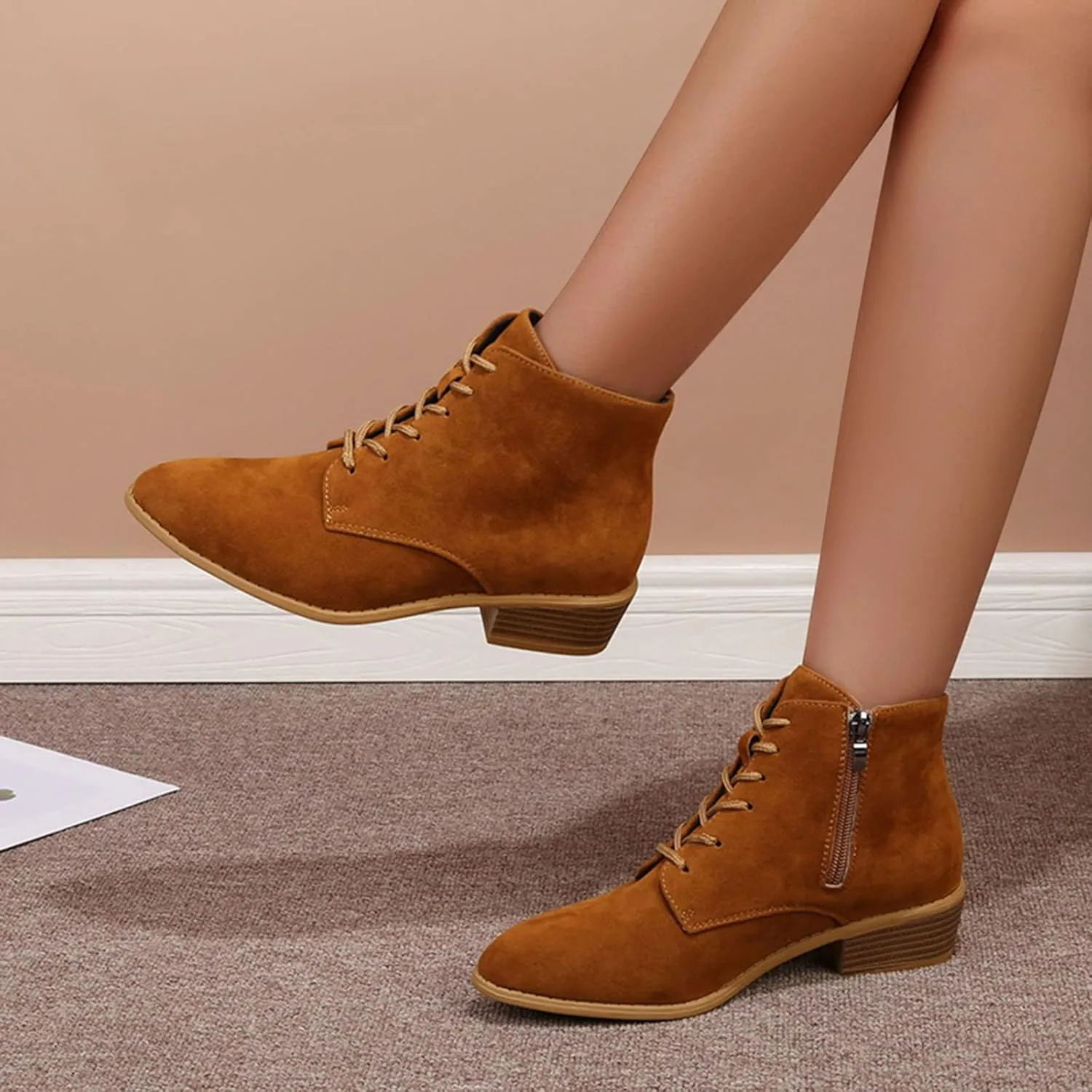 Boots for Women Flat Pointed Toe Women's Lace Up Chelsea Ankle Boots Suede Zipper Ankle Boots Fall Boots 2024
