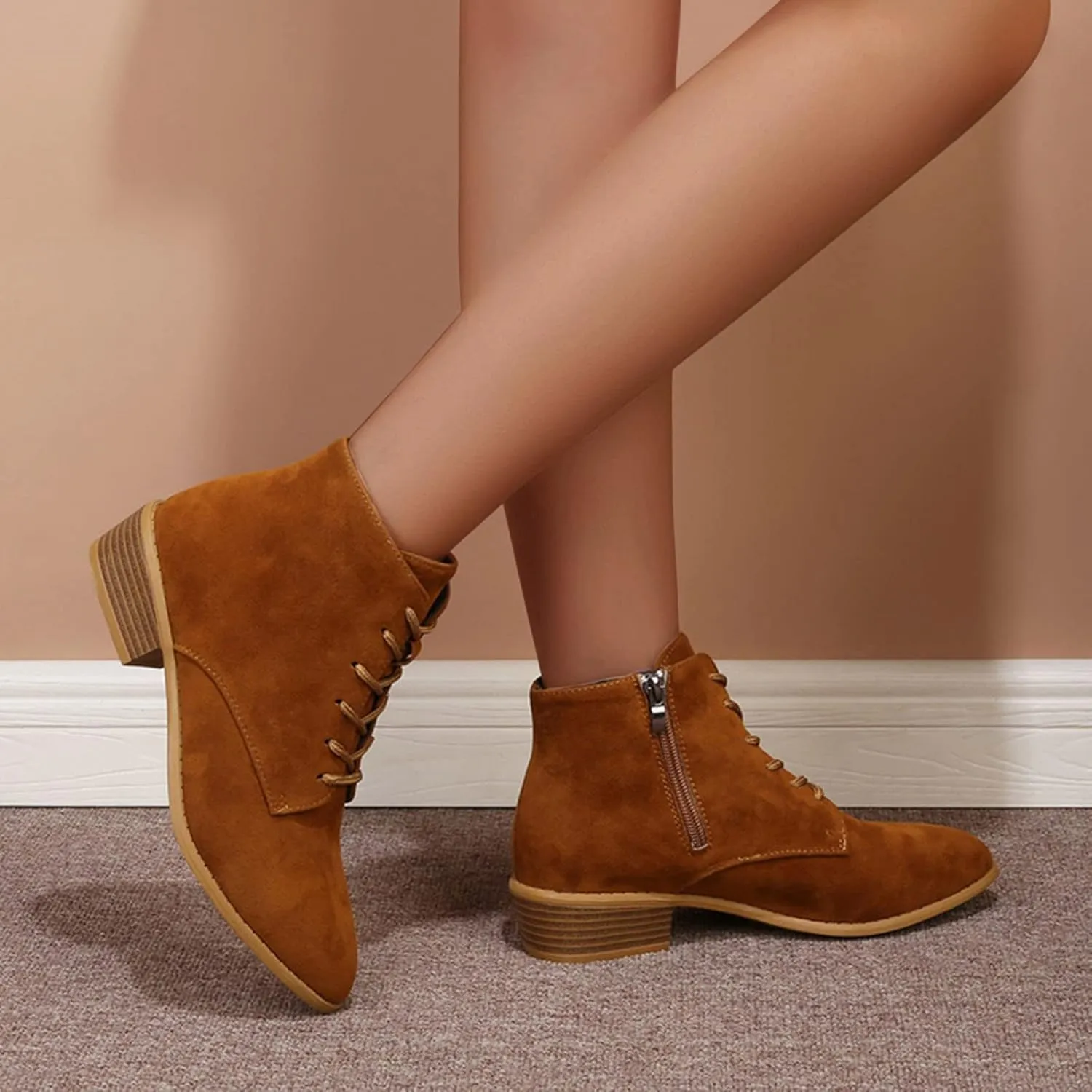 Boots for Women Flat Pointed Toe Women's Lace Up Chelsea Ankle Boots Suede Zipper Ankle Boots Fall Boots 2024