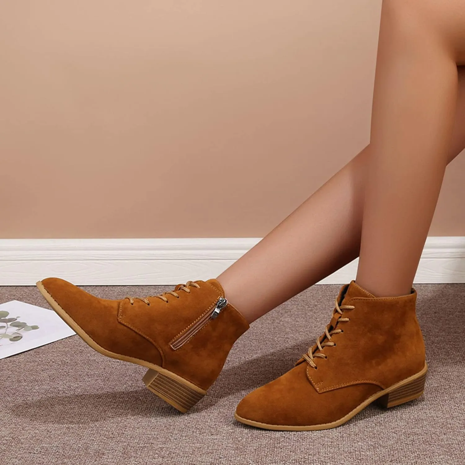 Boots for Women Flat Pointed Toe Women's Lace Up Chelsea Ankle Boots Suede Zipper Ankle Boots Fall Boots 2024