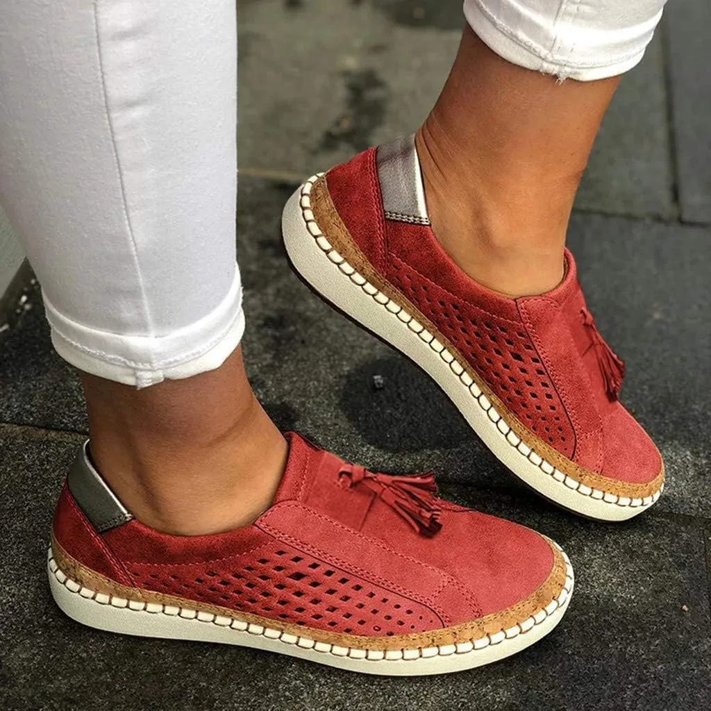 Business Casual Shoes Women's Fashion Fringe Hollow-Out Round Toe Slip On Shoes Flat with
