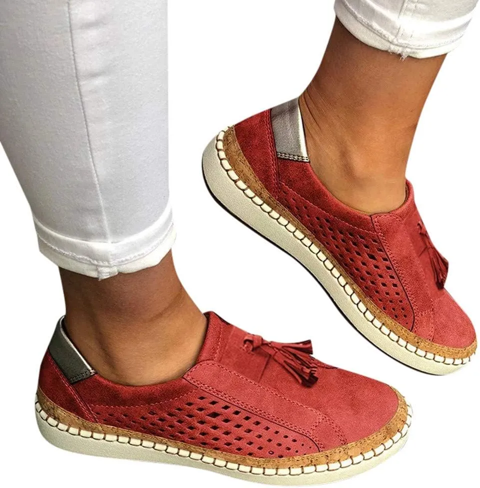 Business Casual Shoes Women's Fashion Fringe Hollow-Out Round Toe Slip On Shoes Flat with