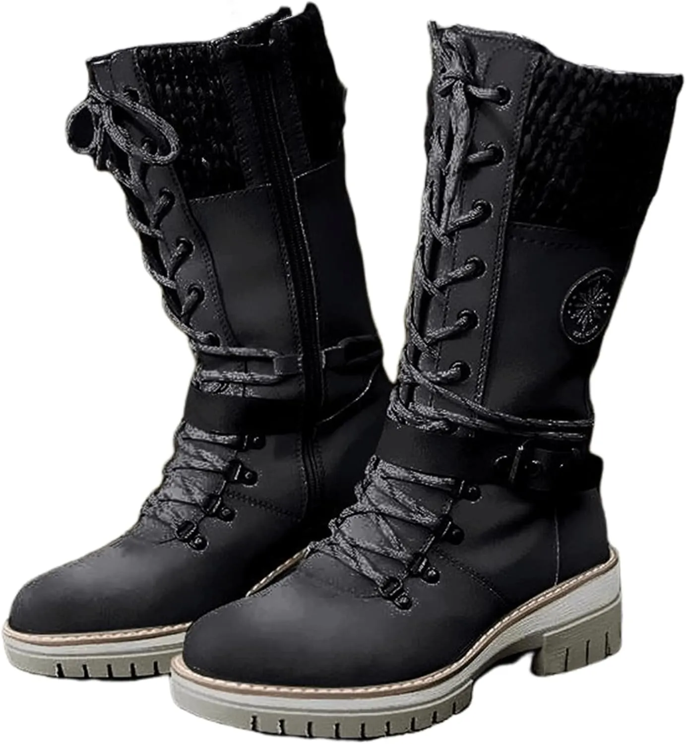 Combat Boots Womens Mid Calf Riding Fashion Winter Boots Side Zipper Low Heel Motorcycle Military Biker Ankle Booties