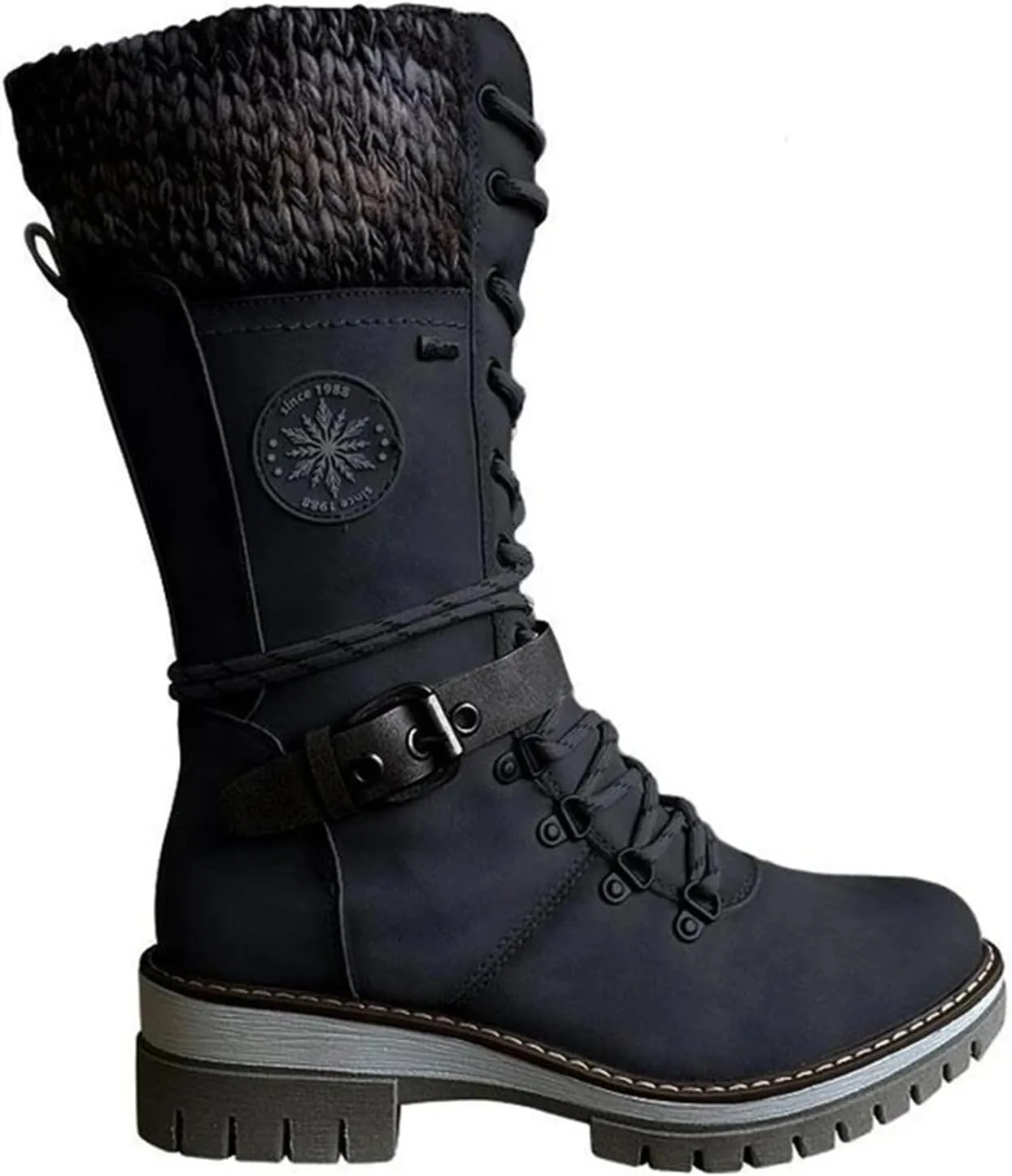 Combat Boots Womens Mid Calf Riding Fashion Winter Boots Side Zipper Low Heel Motorcycle Military Biker Ankle Booties