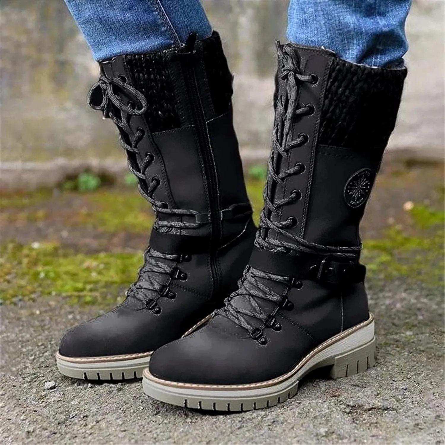 Combat Boots Womens Mid Calf Riding Fashion Winter Boots Side Zipper Low Heel Motorcycle Military Biker Ankle Booties