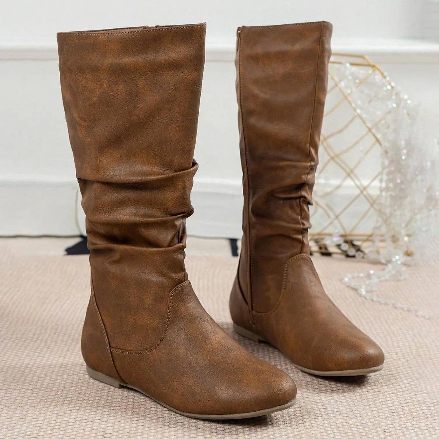 Cowboy Boots for Women Round Toe Side Zipper Slouch Flat Heel Mid-Calf Boot Wide Calf Pull On Casual Boots