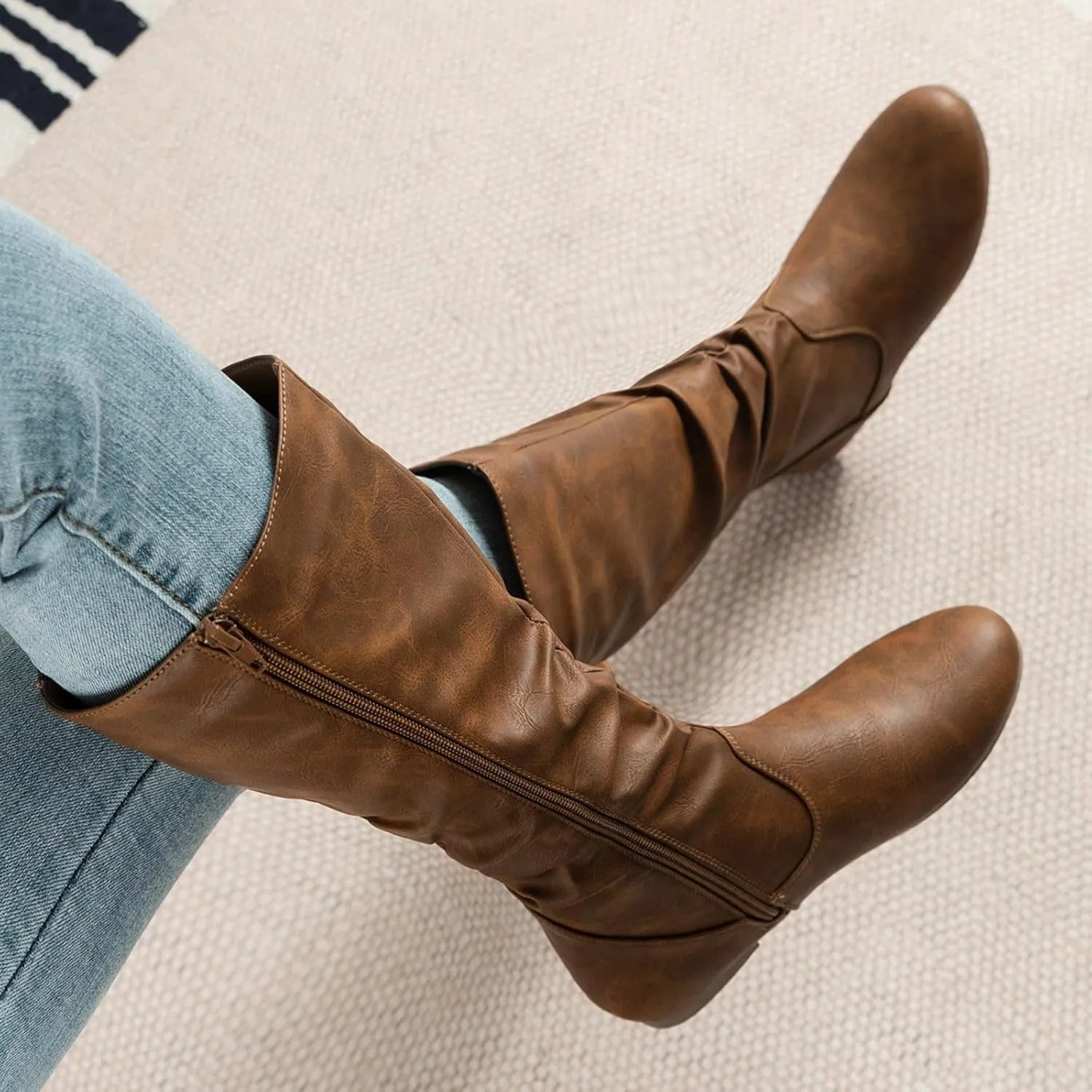 Cowboy Boots for Women Round Toe Side Zipper Slouch Flat Heel Mid-Calf Boot Wide Calf Pull On Casual Boots