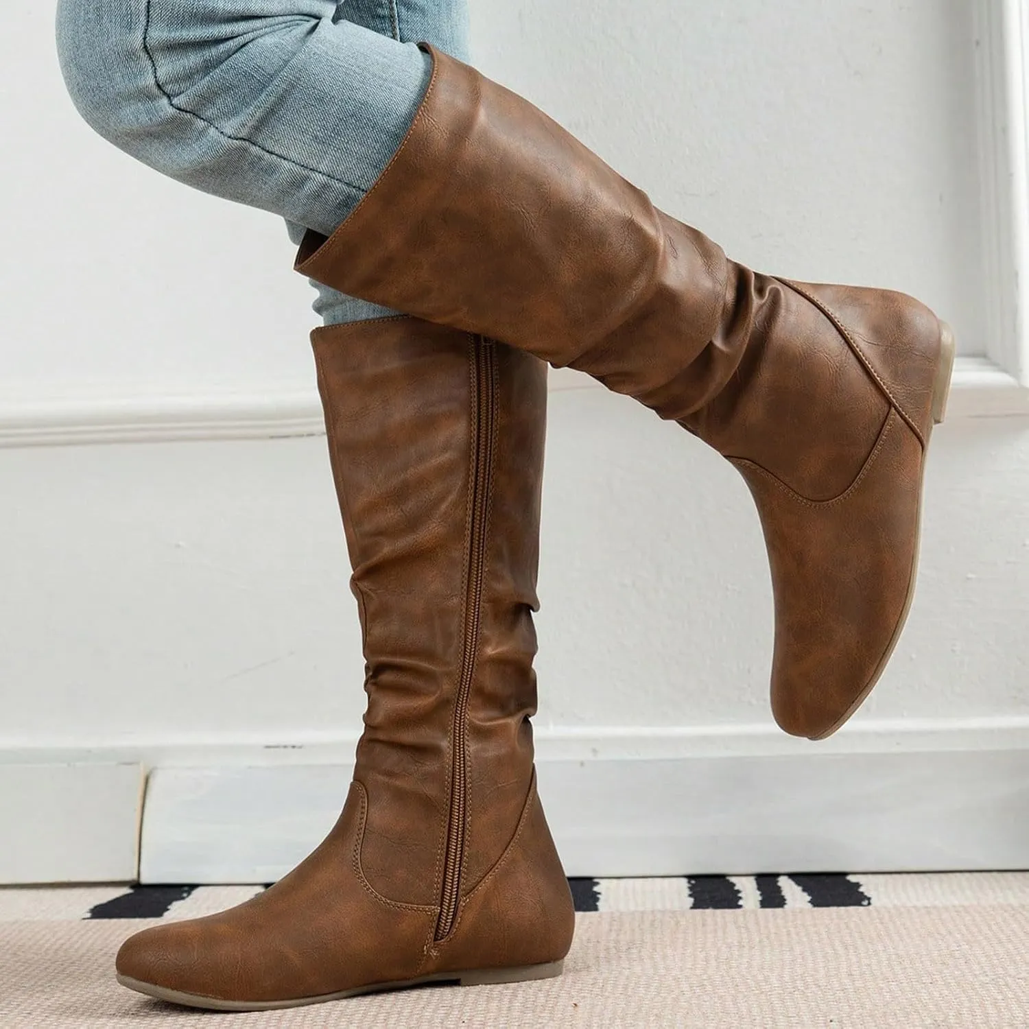 Cowboy Boots for Women Round Toe Side Zipper Slouch Flat Heel Mid-Calf Boot Wide Calf Pull On Casual Boots