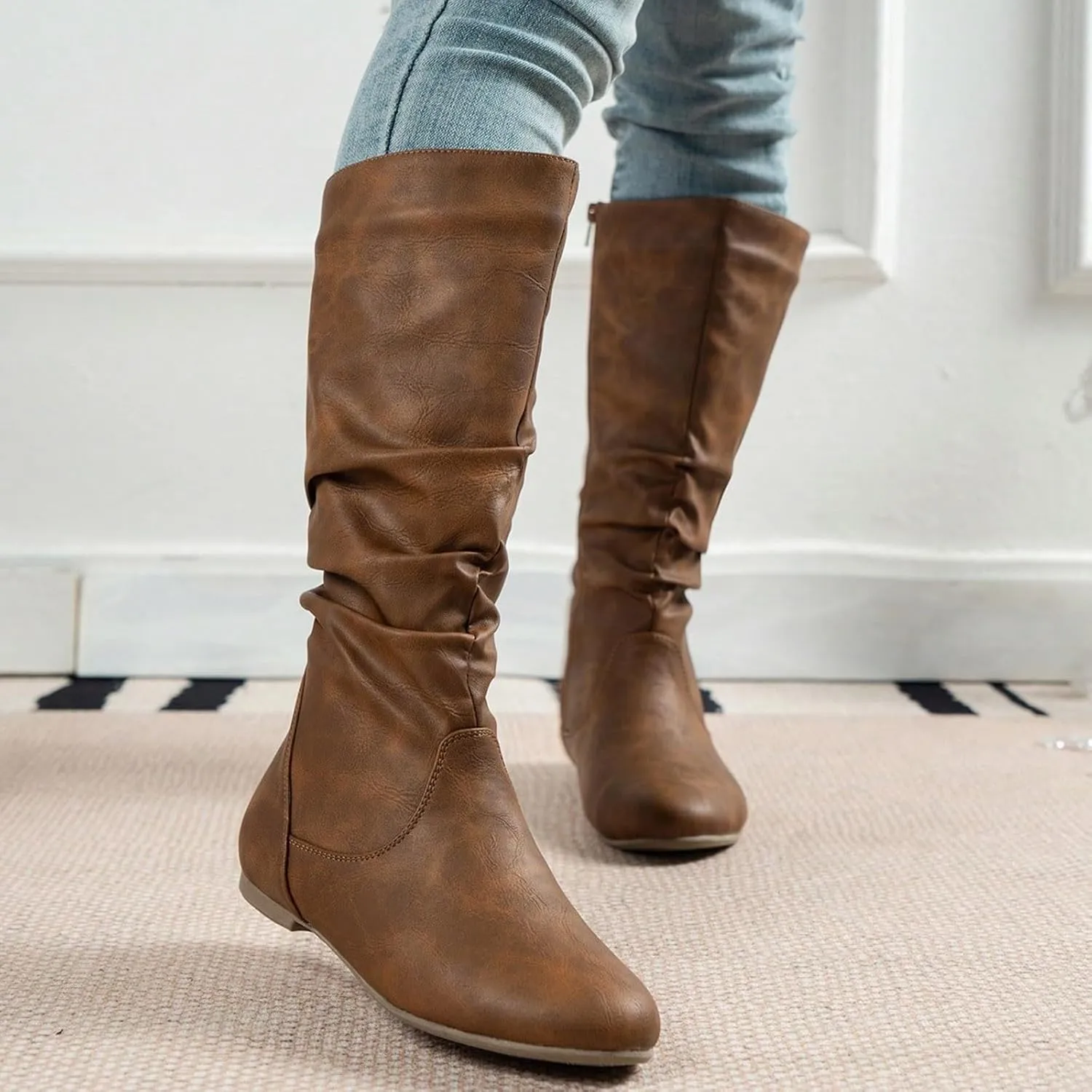 Cowboy Boots for Women Round Toe Side Zipper Slouch Flat Heel Mid-Calf Boot Wide Calf Pull On Casual Boots