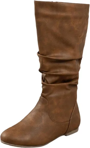 Cowboy Boots for Women Round Toe Side Zipper Slouch Flat Heel Mid-Calf Boot Wide Calf Pull On Casual Boots