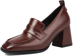 DINTAHA Chunky High Heeled Loafers for Women Square Toe Block Heel Pumps Dressy Business Casual Shoes