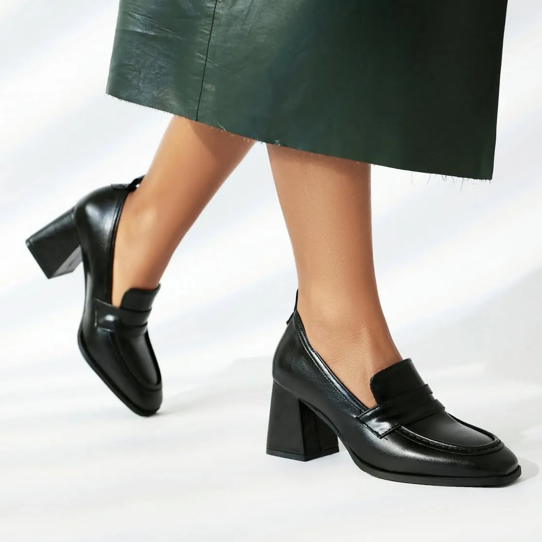 DINTAHA Chunky High Heeled Loafers for Women Square Toe Block Heel Pumps Dressy Business Casual Shoes