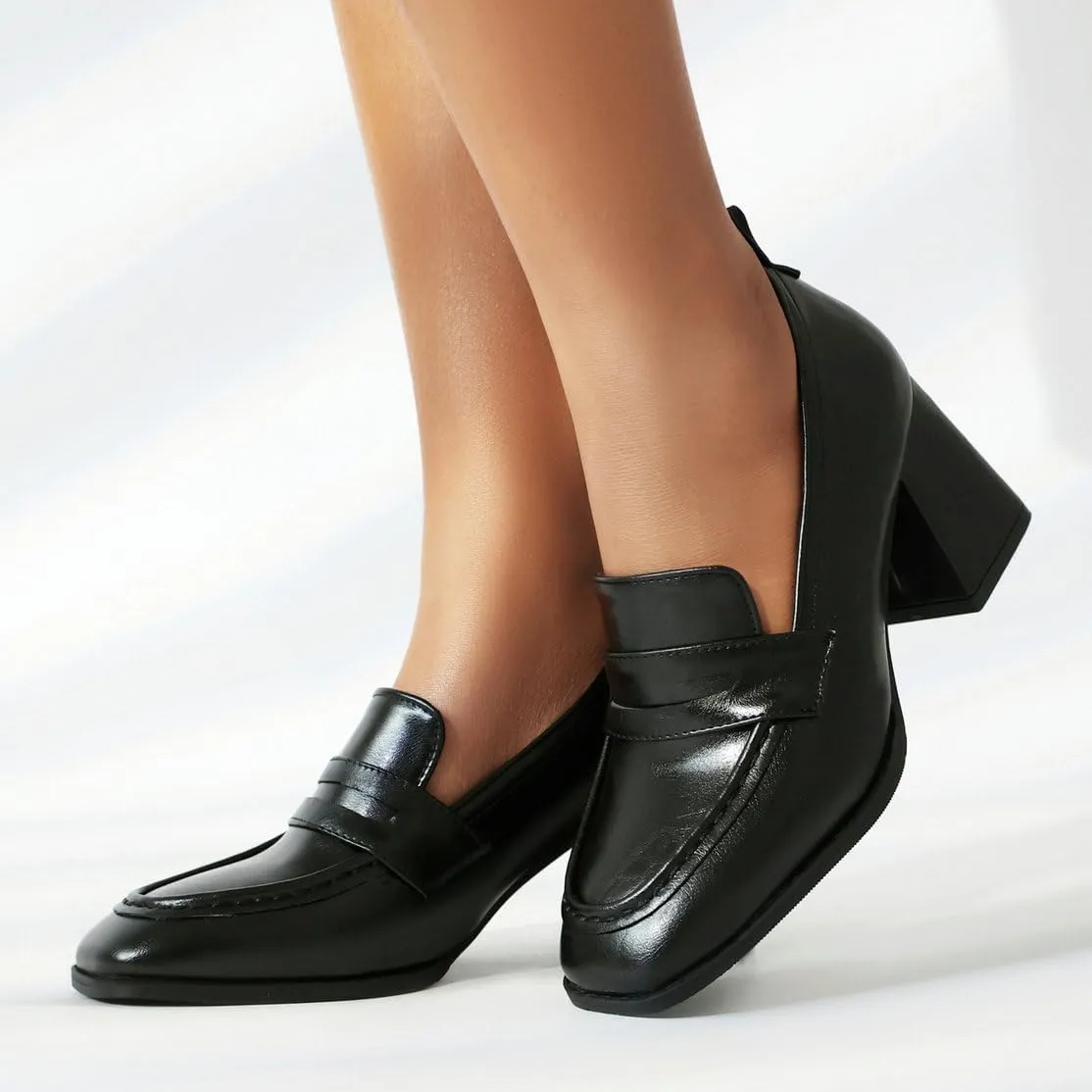 DINTAHA Chunky High Heeled Loafers for Women Square Toe Block Heel Pumps Dressy Business Casual Shoes