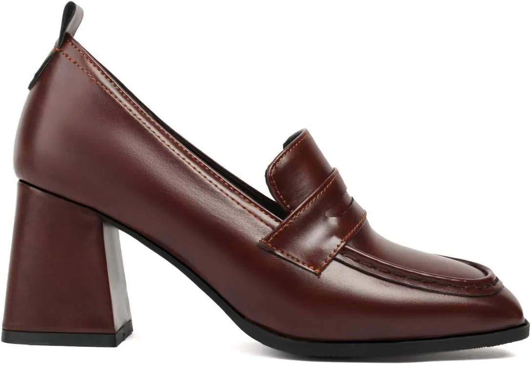 DINTAHA Chunky High Heeled Loafers for Women Square Toe Block Heel Pumps Dressy Business Casual Shoes
