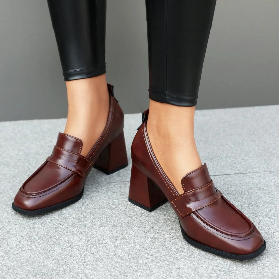 DINTAHA Chunky High Heeled Loafers for Women Square Toe Block Heel Pumps Dressy Business Casual Shoes