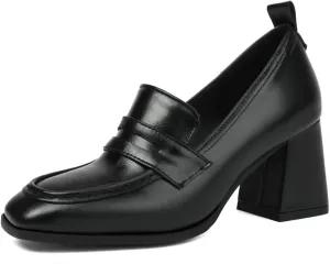 DINTAHA Chunky High Heeled Loafers for Women Square Toe Block Heel Pumps Dressy Business Casual Shoes