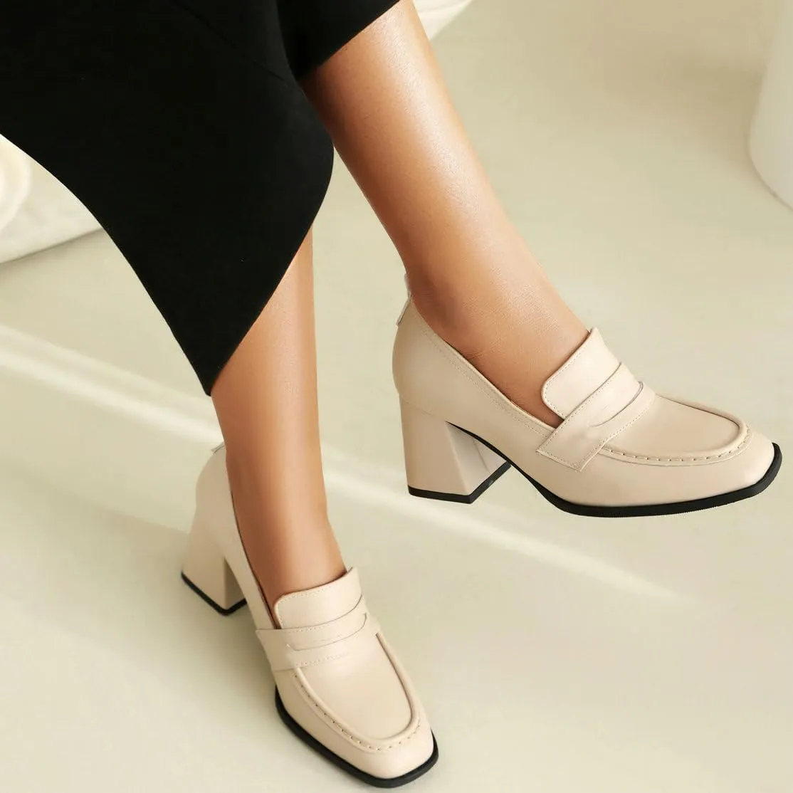 DINTAHA Chunky High Heeled Loafers for Women Square Toe Block Heel Pumps Dressy Business Casual Shoes