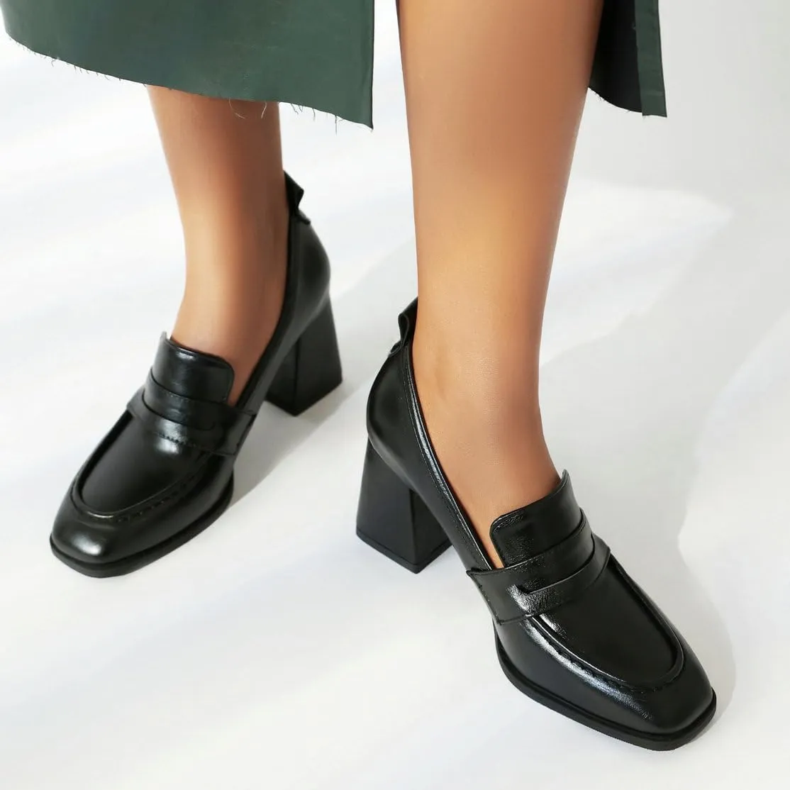DINTAHA Chunky High Heeled Loafers for Women Square Toe Block Heel Pumps Dressy Business Casual Shoes