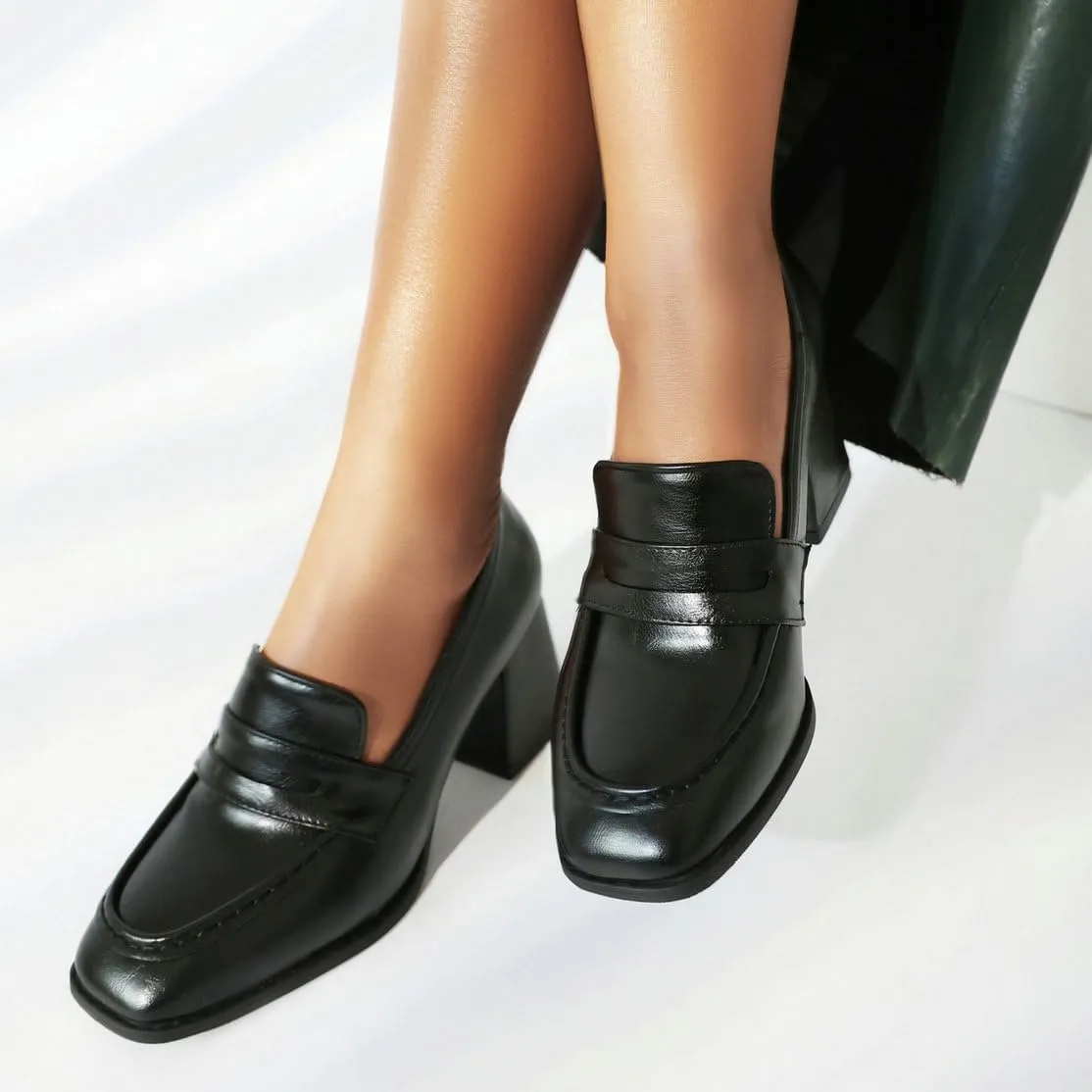 DINTAHA Chunky High Heeled Loafers for Women Square Toe Block Heel Pumps Dressy Business Casual Shoes