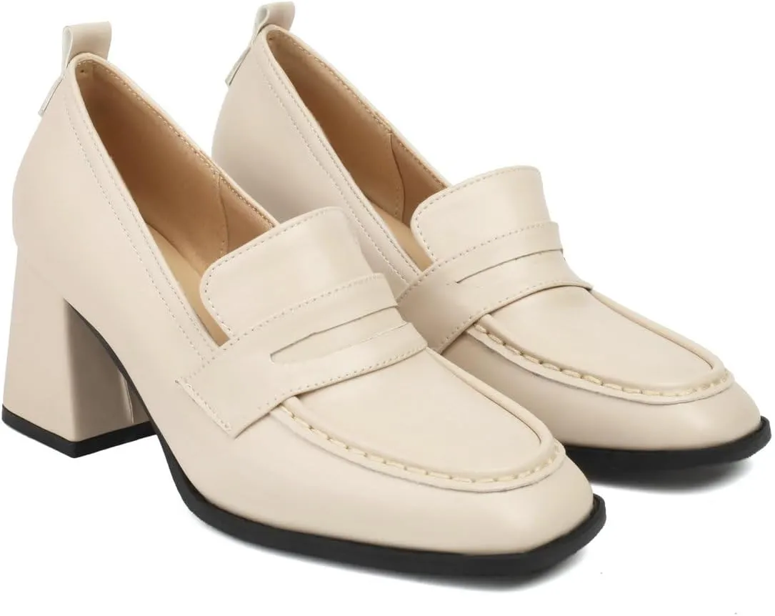DINTAHA Chunky High Heeled Loafers for Women Square Toe Block Heel Pumps Dressy Business Casual Shoes