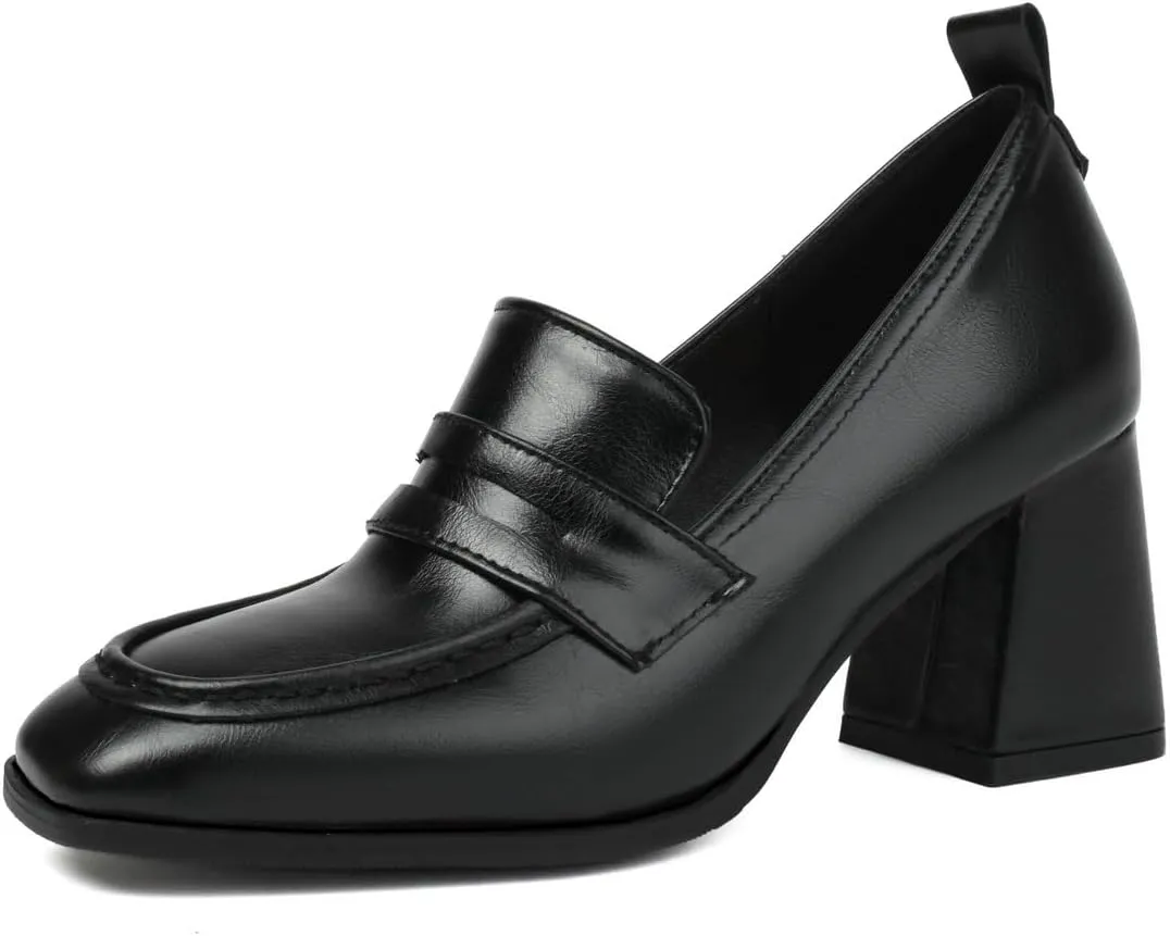 DINTAHA Chunky High Heeled Loafers for Women Square Toe Block Heel Pumps Dressy Business Casual Shoes
