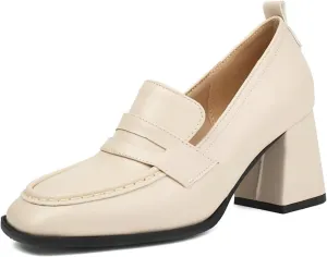 DINTAHA Chunky High Heeled Loafers for Women Square Toe Block Heel Pumps Dressy Business Casual Shoes
