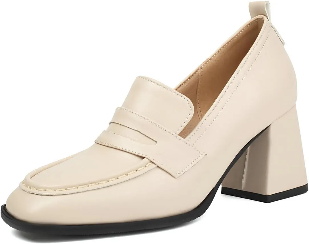 DINTAHA Chunky High Heeled Loafers for Women Square Toe Block Heel Pumps Dressy Business Casual Shoes
