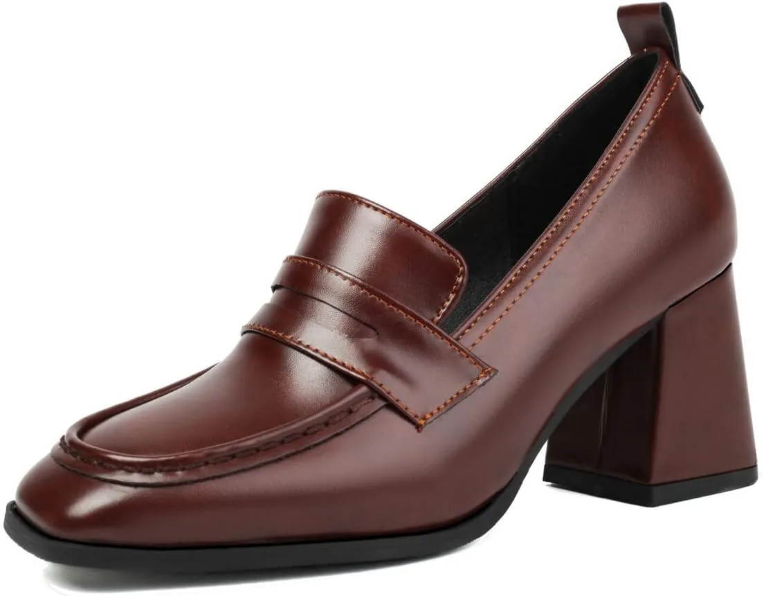 DINTAHA Chunky High Heeled Loafers for Women Square Toe Block Heel Pumps Dressy Business Casual Shoes