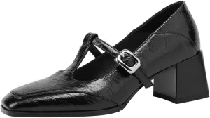 DINTAHA T Strap Heels Chunky Heeled Loafers Square Toe Mary Janes Block Heel Dress Shoes