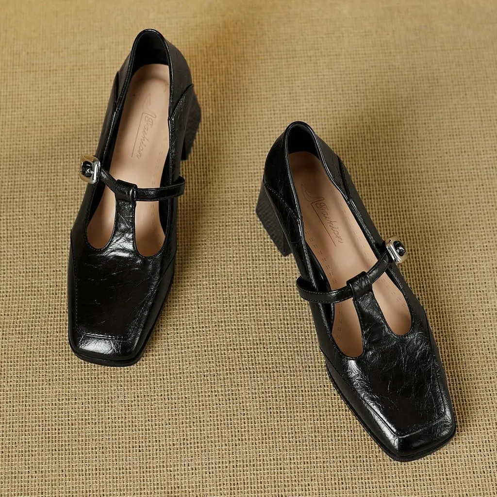 DINTAHA T Strap Heels Chunky Heeled Loafers Square Toe Mary Janes Block Heel Dress Shoes