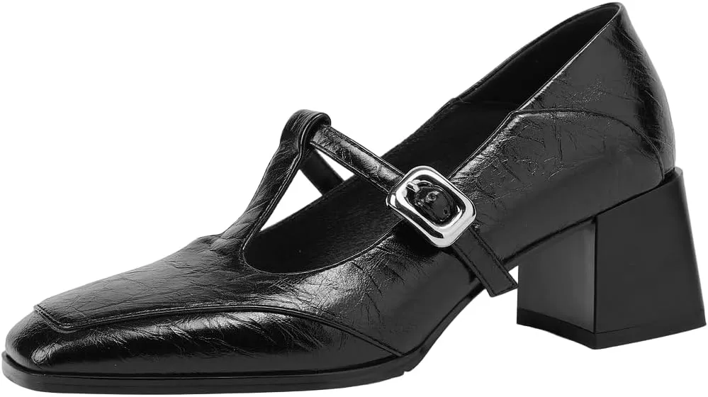 DINTAHA T Strap Heels Chunky Heeled Loafers Square Toe Mary Janes Block Heel Dress Shoes