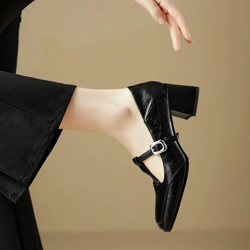 DINTAHA T Strap Heels Chunky Heeled Loafers Square Toe Mary Janes Block Heel Dress Shoes