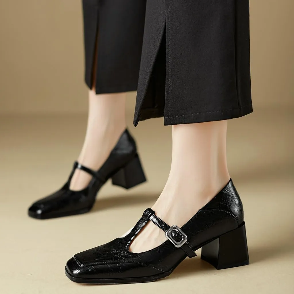 DINTAHA T Strap Heels Chunky Heeled Loafers Square Toe Mary Janes Block Heel Dress Shoes